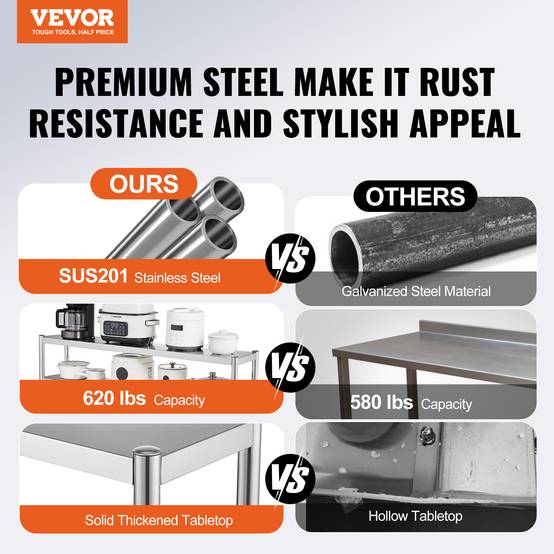 Vevor - VEVOR Étagère deux niveaux réglable acier inoxydable surélevée 12x48 pouces pour tables préparation de cuisine. - Image 2
