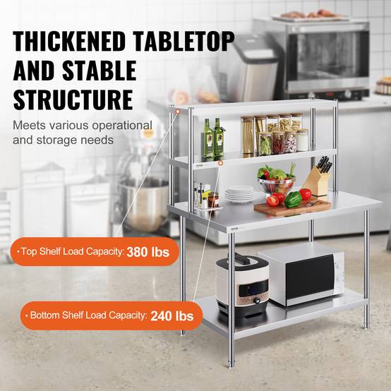 Vevor - VEVOR Étagère deux niveaux réglable acier inoxydable surélevée 12x48 pouces pour tables préparation de cuisine. - Image 3