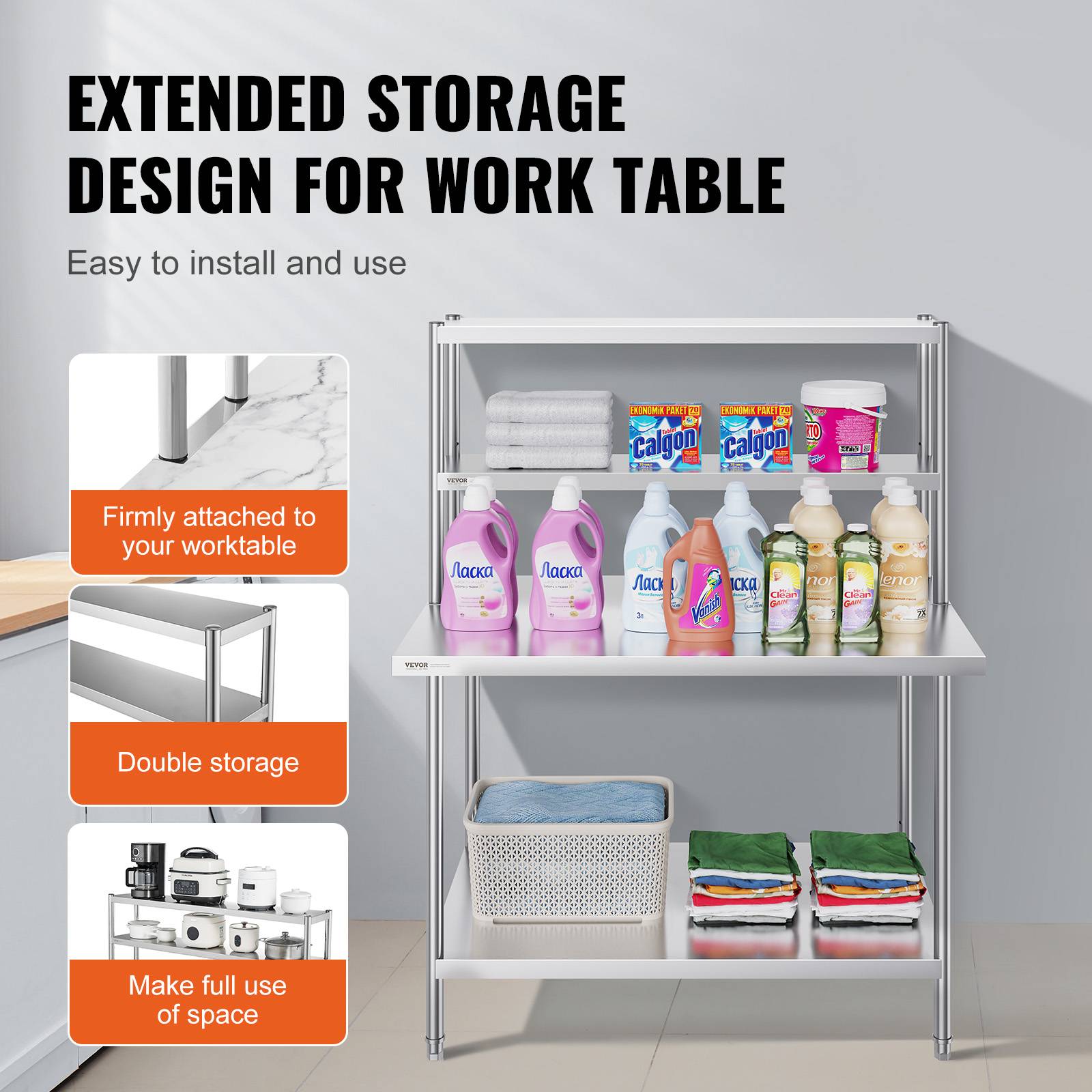 Vevor - VEVOR Étagère deux niveaux réglable acier inoxydable surélevée 12x48 pouces pour tables préparation de cuisine. - Image 4
