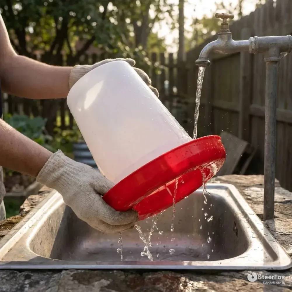 Mangeoire à trémie plastique 1,5 kg avec poignée pour volailles - Image 1