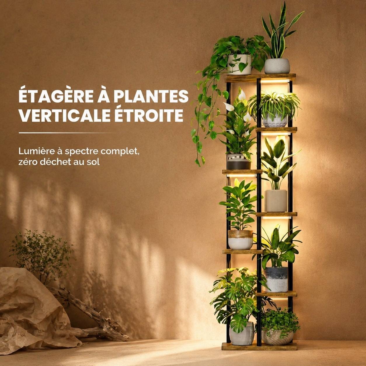 Support Plante D'intérieur Coin 7 Niveaux Bois Métal Éclairage Intégré Déco Salon Balcon Chambre - Image 3