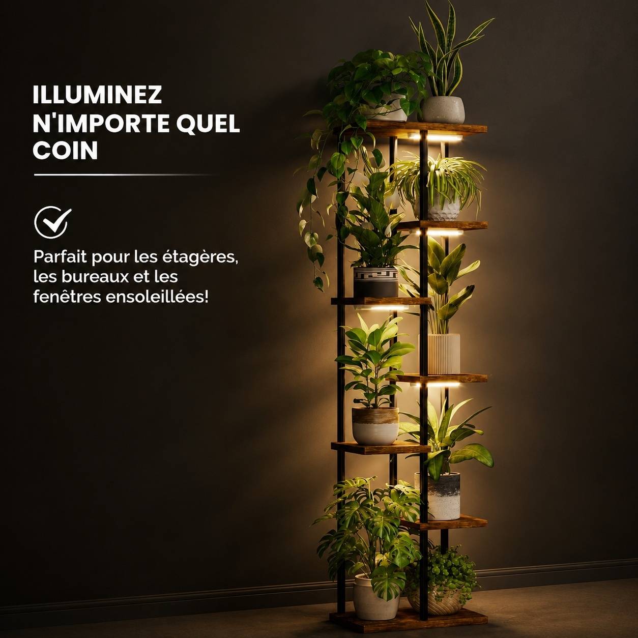 Support Plante D'intérieur Coin 7 Niveaux Bois Métal Éclairage Intégré Déco Salon Balcon Chambre - Image 4