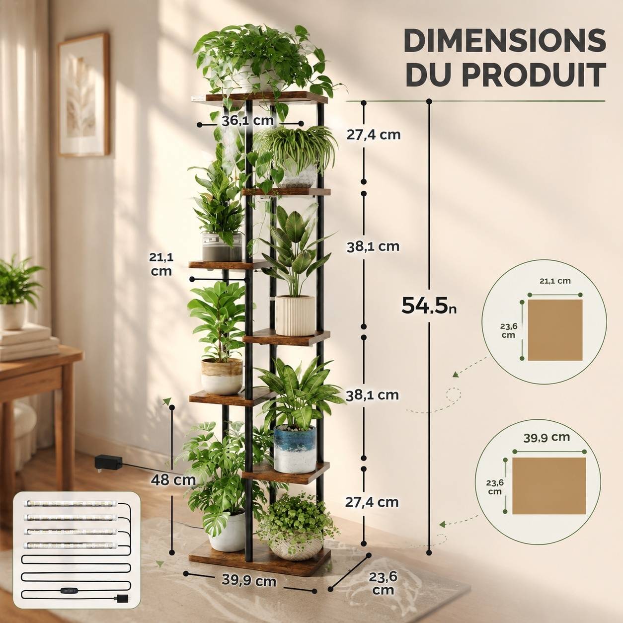 Support Plante D'intérieur Coin 7 Niveaux Bois Métal Éclairage Intégré Déco Salon Balcon Chambre - Image 2