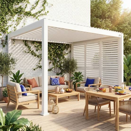 Pergola bioclimatique aluminium 4x3m blanc + 3 persiennes 100cm lames orientables Triomphe | sweeek - Image 1