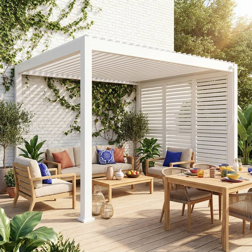 Pergola bioclimatique aluminium 4x3m blanc + 3 persiennes 100cm lames orientables Triomphe | sweeek - Image 1