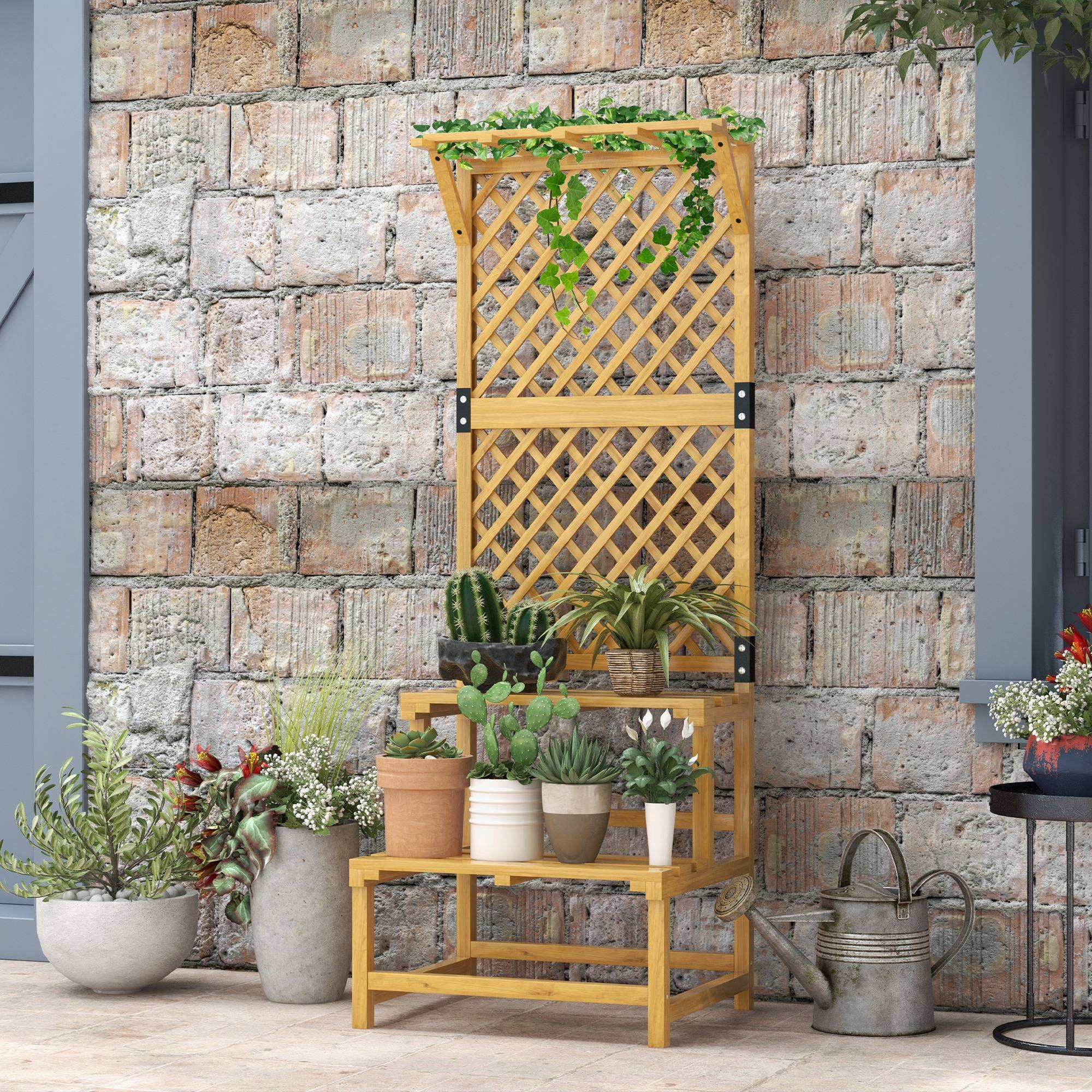Outsunny - Porte-plante intérieur 2 niveaux avec treillis pour jardin et terrasse en bois massif jaune - Outsunny - Image 2