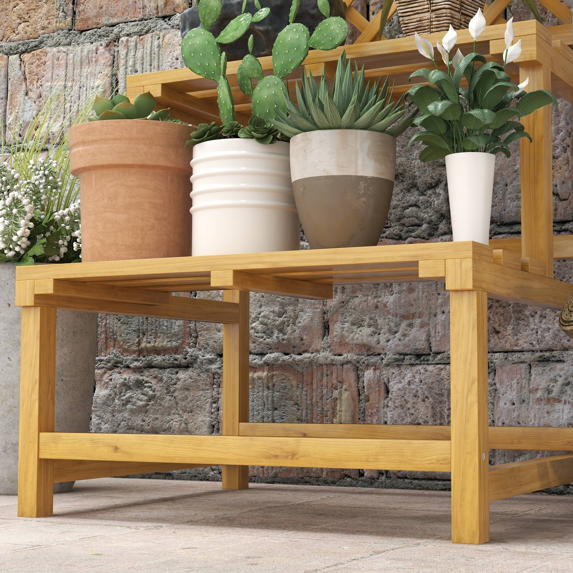 Outsunny - Porte-plante intérieur 2 niveaux avec treillis pour jardin et terrasse en bois massif jaune - Outsunny - Image 8