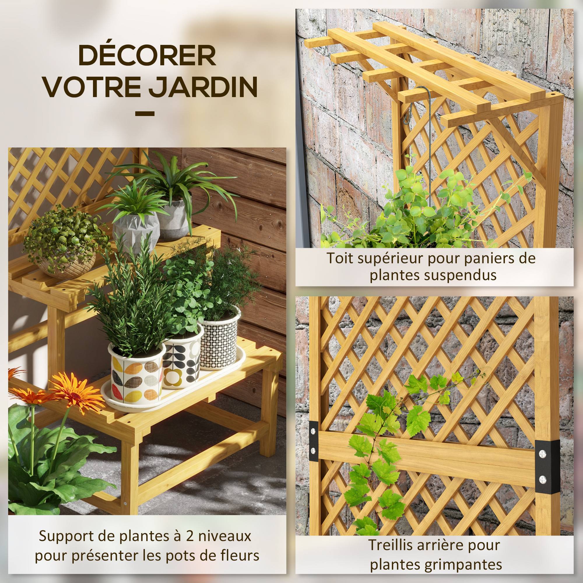 Outsunny - Porte-plante intérieur 2 niveaux avec treillis pour jardin et terrasse en bois massif jaune - Outsunny - Image 6