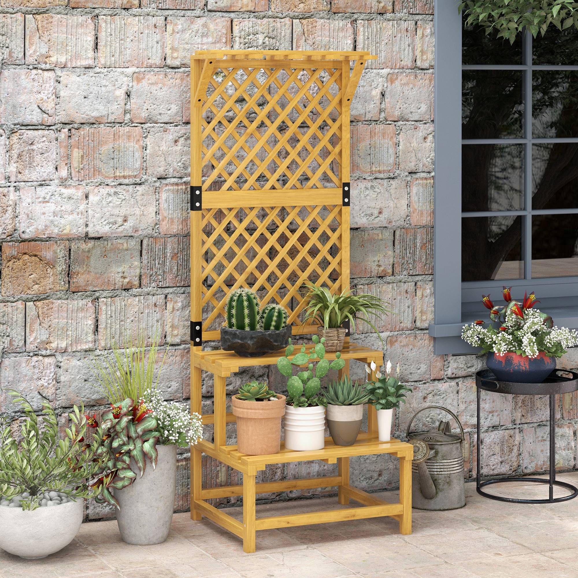 Outsunny - Porte-plante intérieur 2 niveaux avec treillis pour jardin et terrasse en bois massif jaune - Outsunny - Image 4