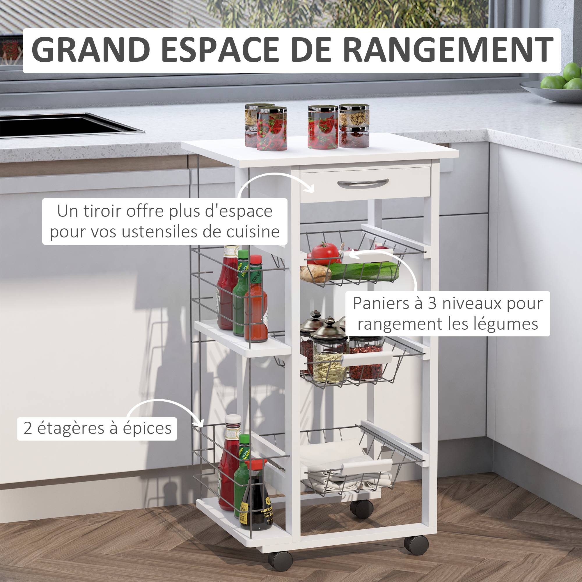 Chariot de service desserte de cuisine à roulettes multi-rangements 3 paniers métal tiroir + 2 range-bouteilles bois pin blanc - Image 7