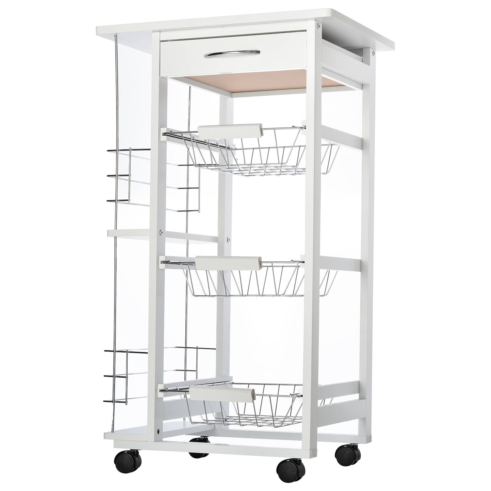 Chariot de service desserte de cuisine à roulettes multi-rangements 3 paniers métal tiroir + 2 range-bouteilles bois pin blanc - Image 2