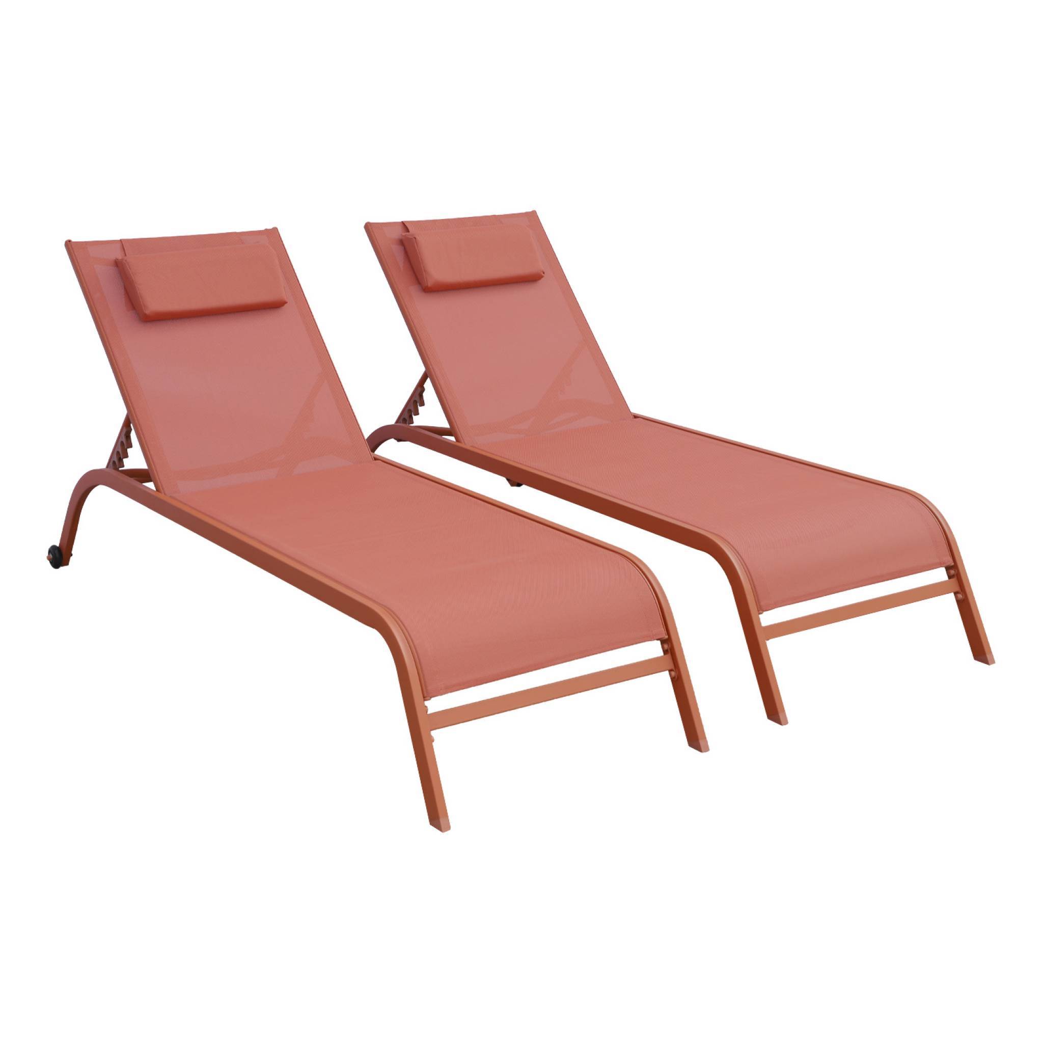 sweeek - Lot de 2 bains de soleil acier terracotta multi positions avec coussin et roulettes - Ona | sweeek - Image 2