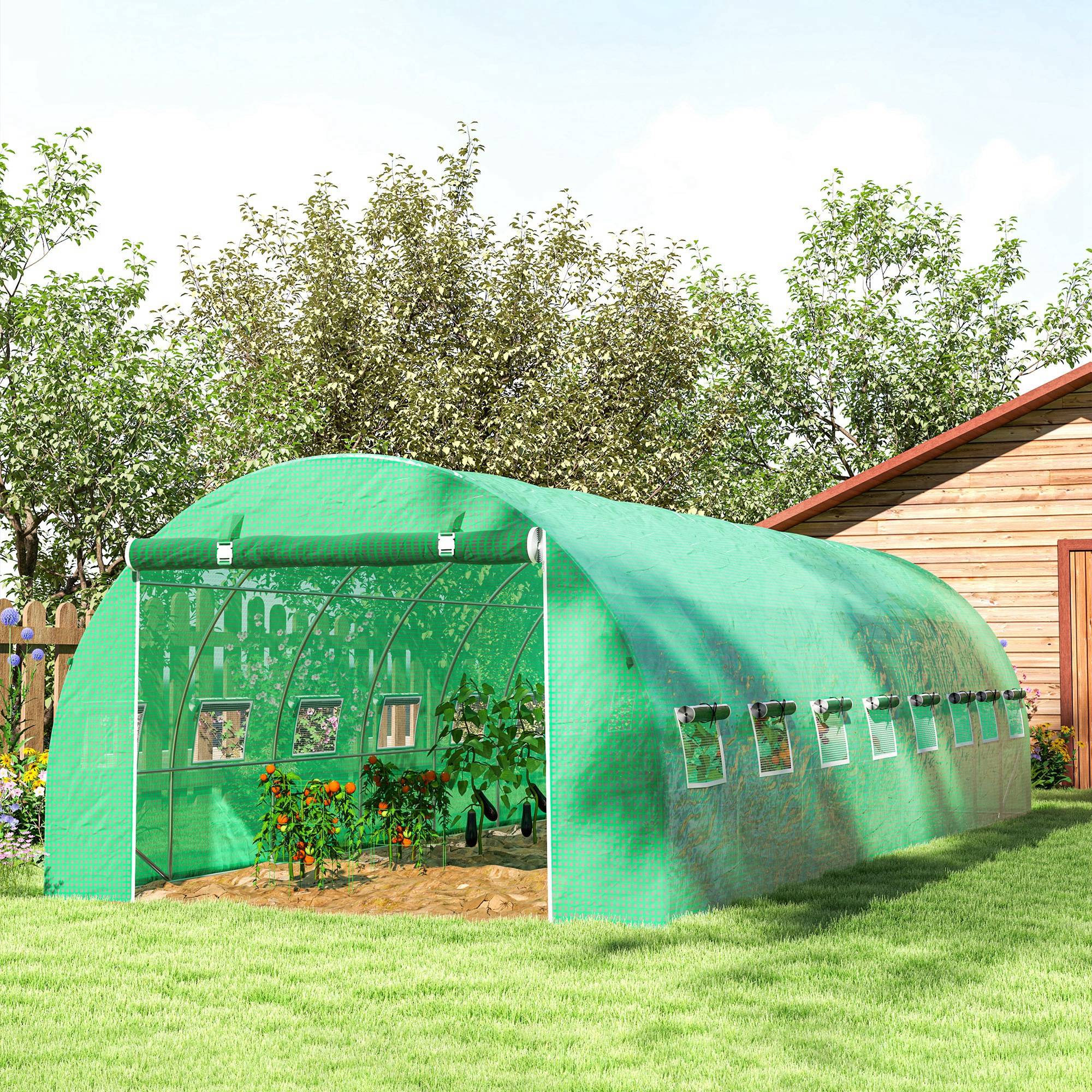 Maison Chic - Serre de jardin tunnel 24m² 8x3x2H m - 16 fenêtres, Porte zippée enroulable acier galvanisé, bâche PE, Vert - Image 4