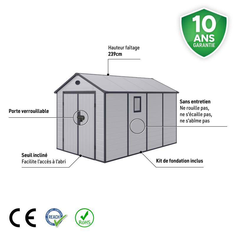 Abri de jardin résine gris 8,90m² avec kit de fondation et double porte Jôbu - Image 4