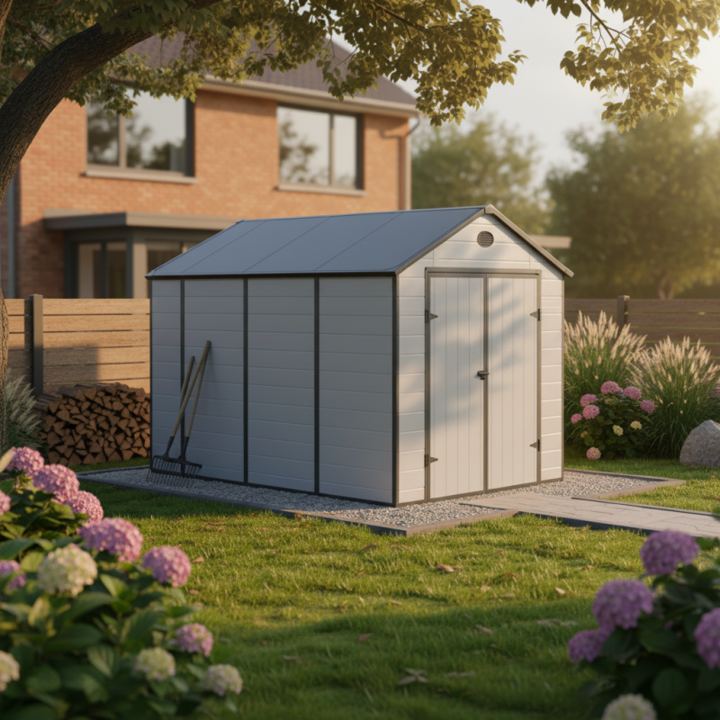 Abri de jardin résine gris 8,90m² avec kit de fondation et double porte Jôbu - Image 2