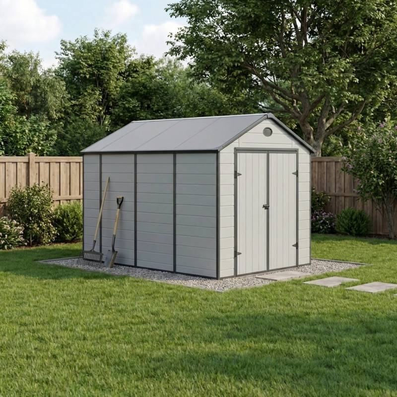 Abri de jardin résine gris 8,90m² avec kit de fondation et double porte Jôbu - Image 1
