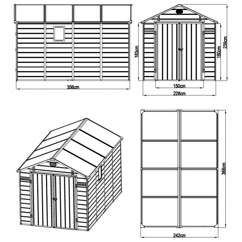 Abri de jardin résine gris 8,90m² avec kit de fondation et double porte Jôbu - Image 6