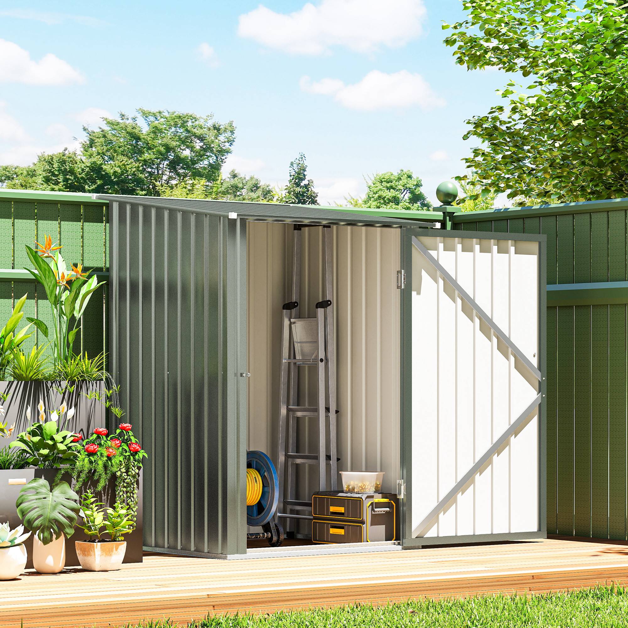 Abri de jardin acier galvanisé extérieur rangement outils battant 100x104x160cm argent - ComfortXL Outdoor Living - Image 4