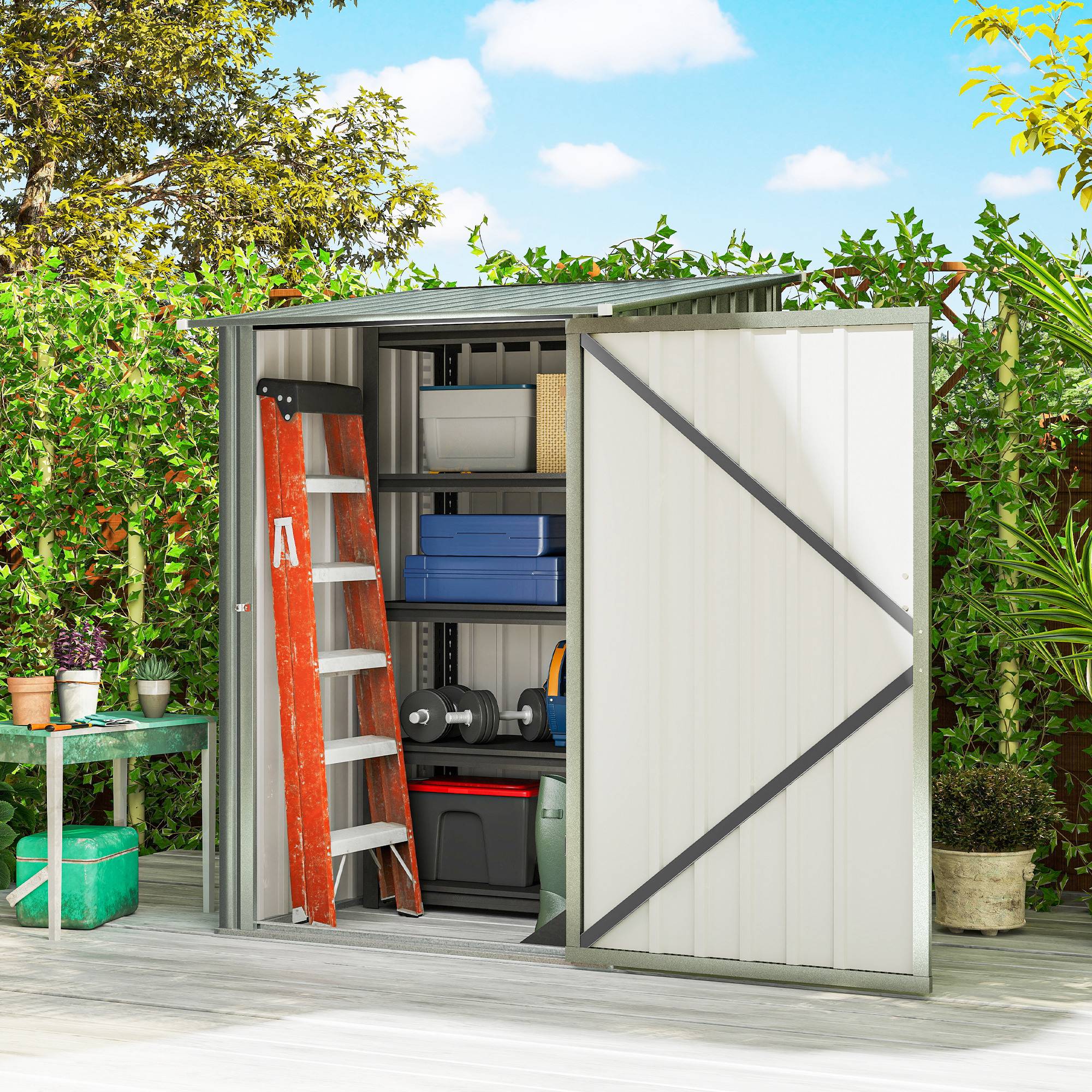 Abri de jardin acier galvanisé extérieur rangement outils battant 100x104x160cm argent - ComfortXL Outdoor Living - Image 3