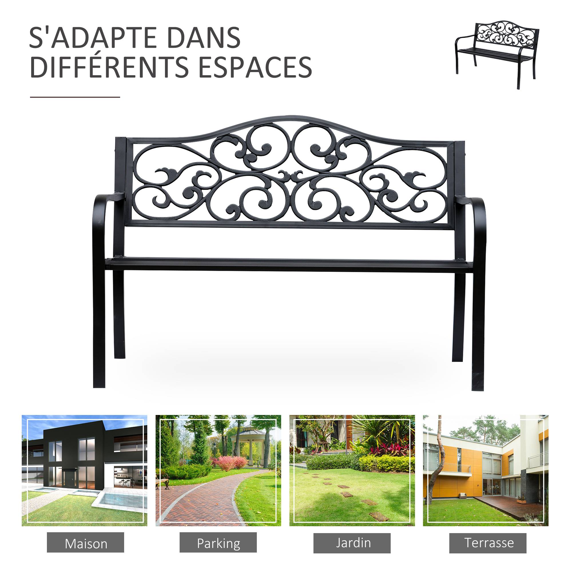 ComfortXL - Banc 3 Places Cosy Chic Métal Jardin Assise Confortable 127x60x89cm Noir - ComfortXL Outdoor Living - Image 8