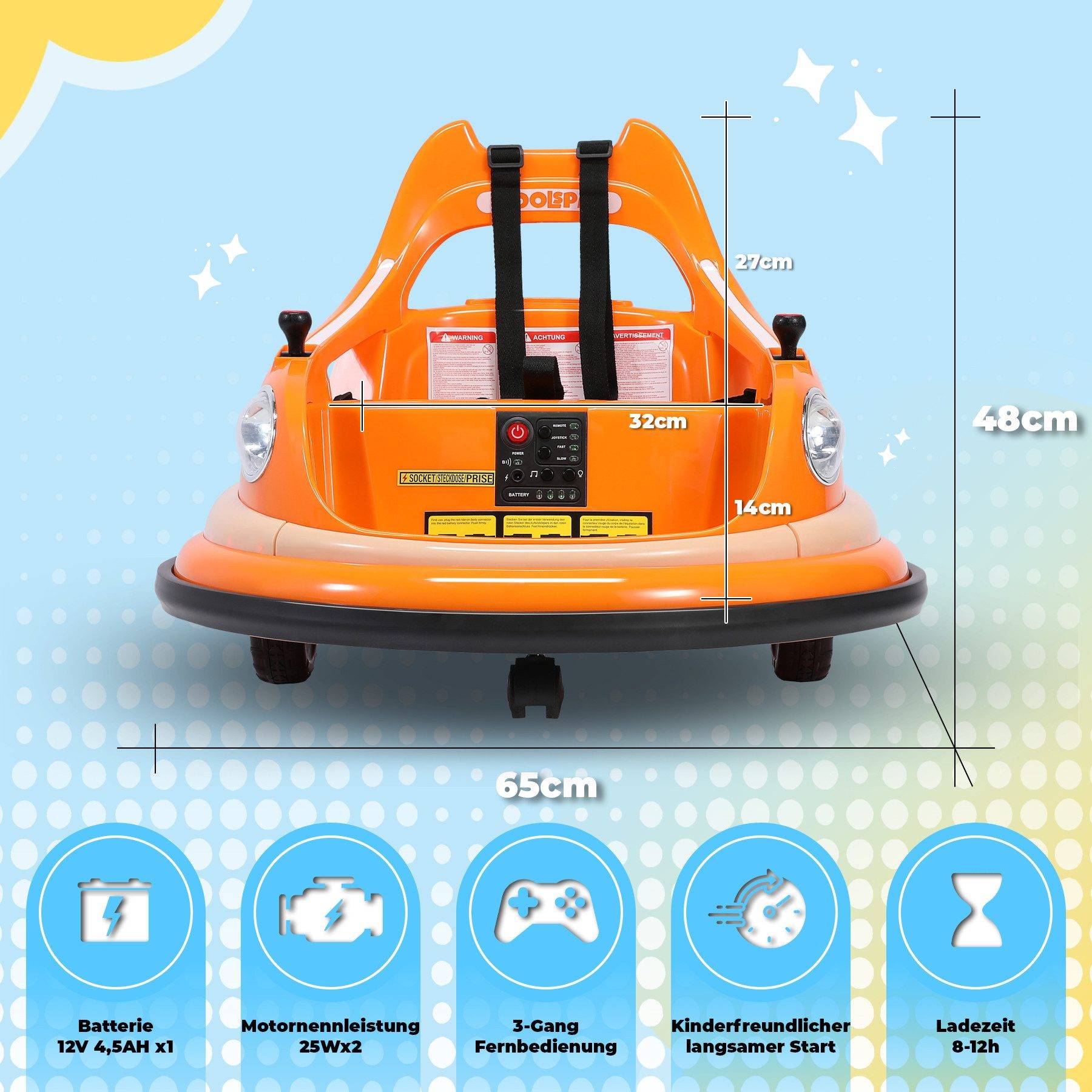 0 - Voiture électrique pour enfants 12 V, rotation à 360 degrés, pare-chocs - Jaune - Image 5