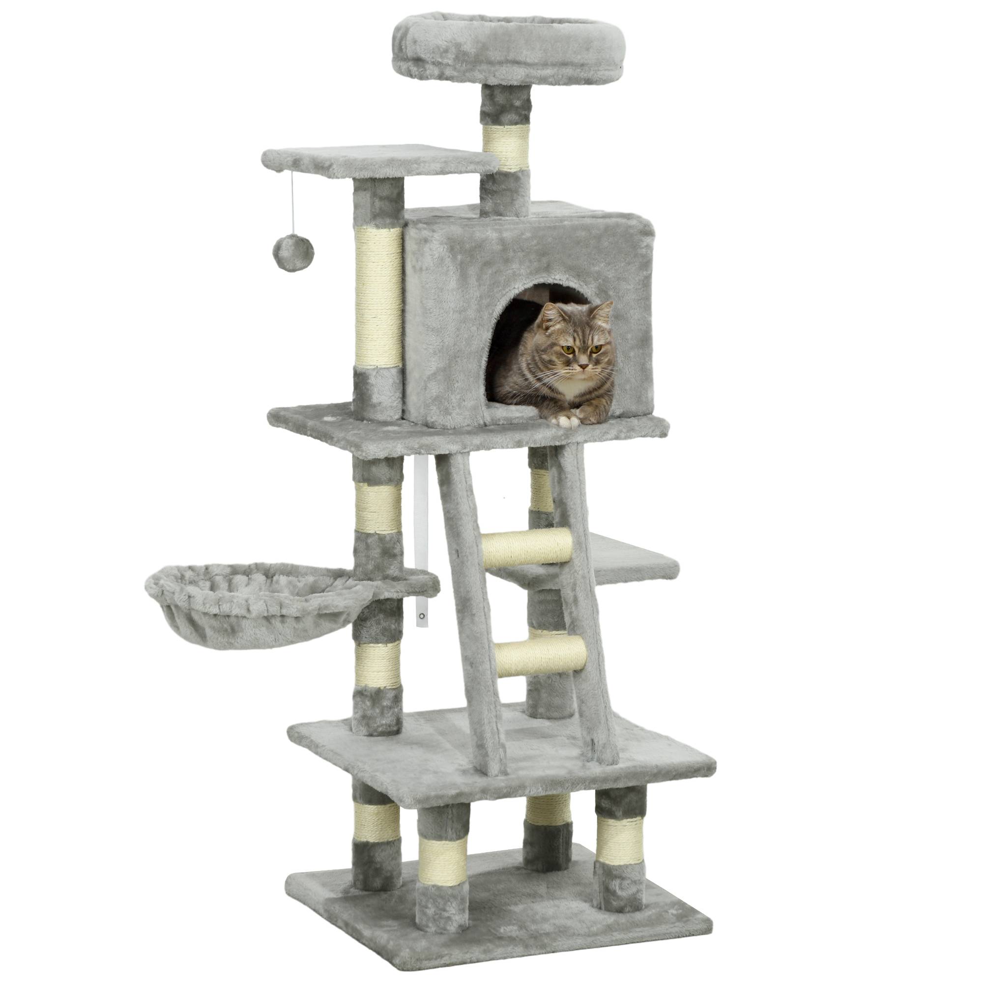 Pawhut - Arbre à chat multi-équipements griffoirs grattoirs niche plateformes + échelle + hamac + boule suspendue gris - Image 1