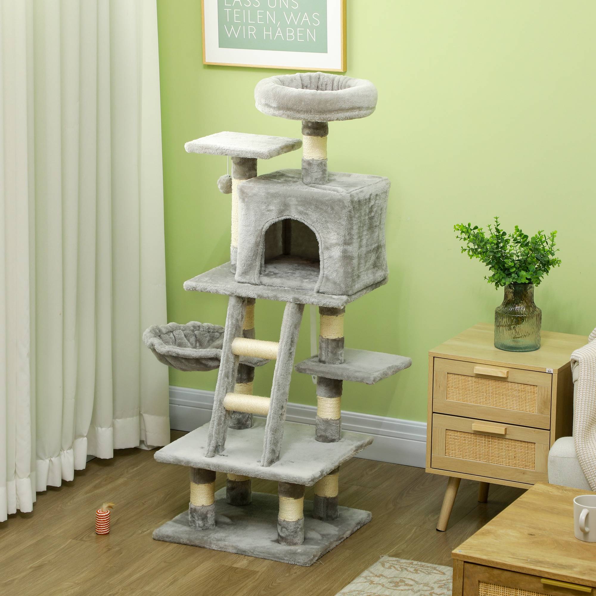 Pawhut - Arbre à chat multi-équipements griffoirs grattoirs niche plateformes + échelle + hamac + boule suspendue gris - Image 2