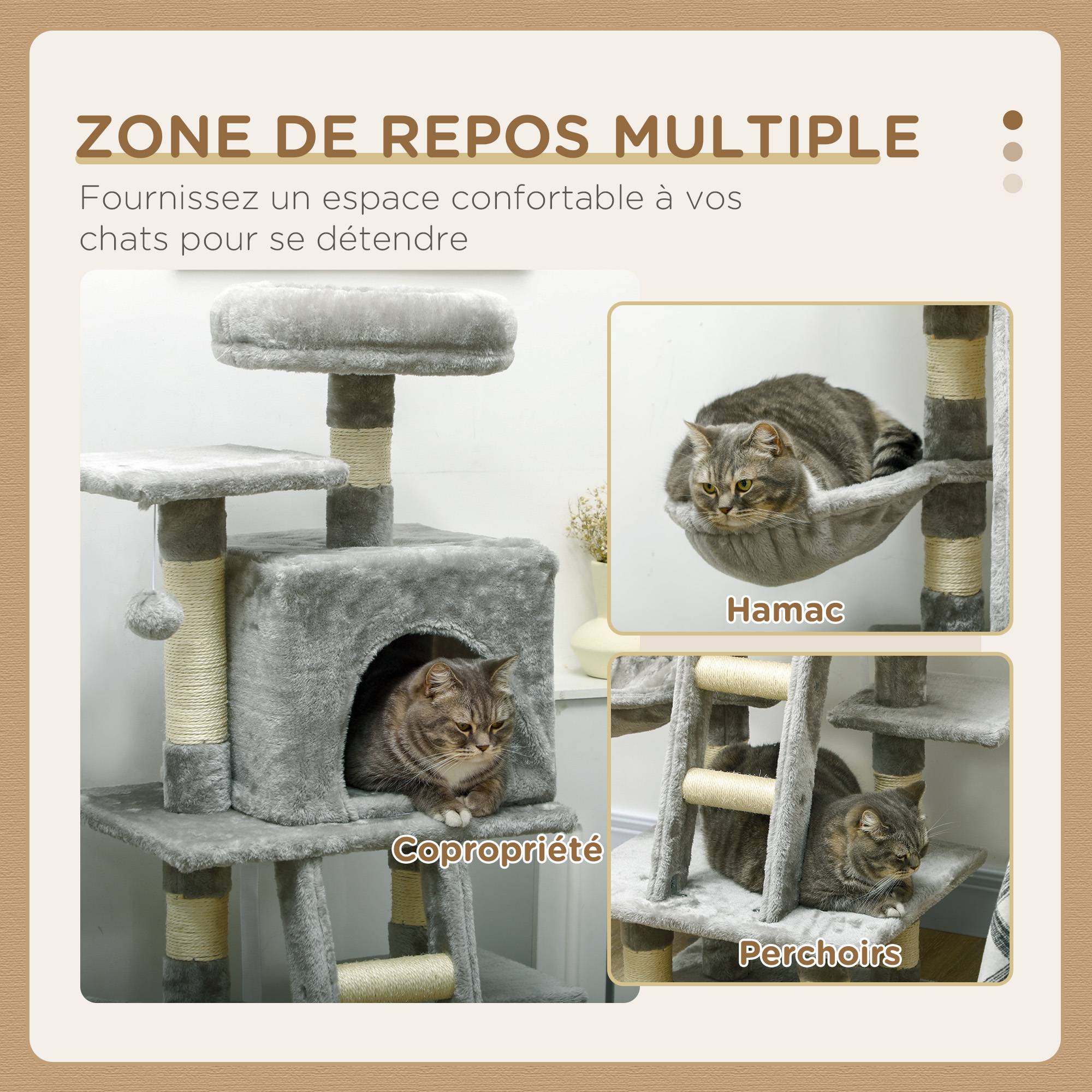 Pawhut - Arbre à chat multi-équipements griffoirs grattoirs niche plateformes + échelle + hamac + boule suspendue gris - Image 5