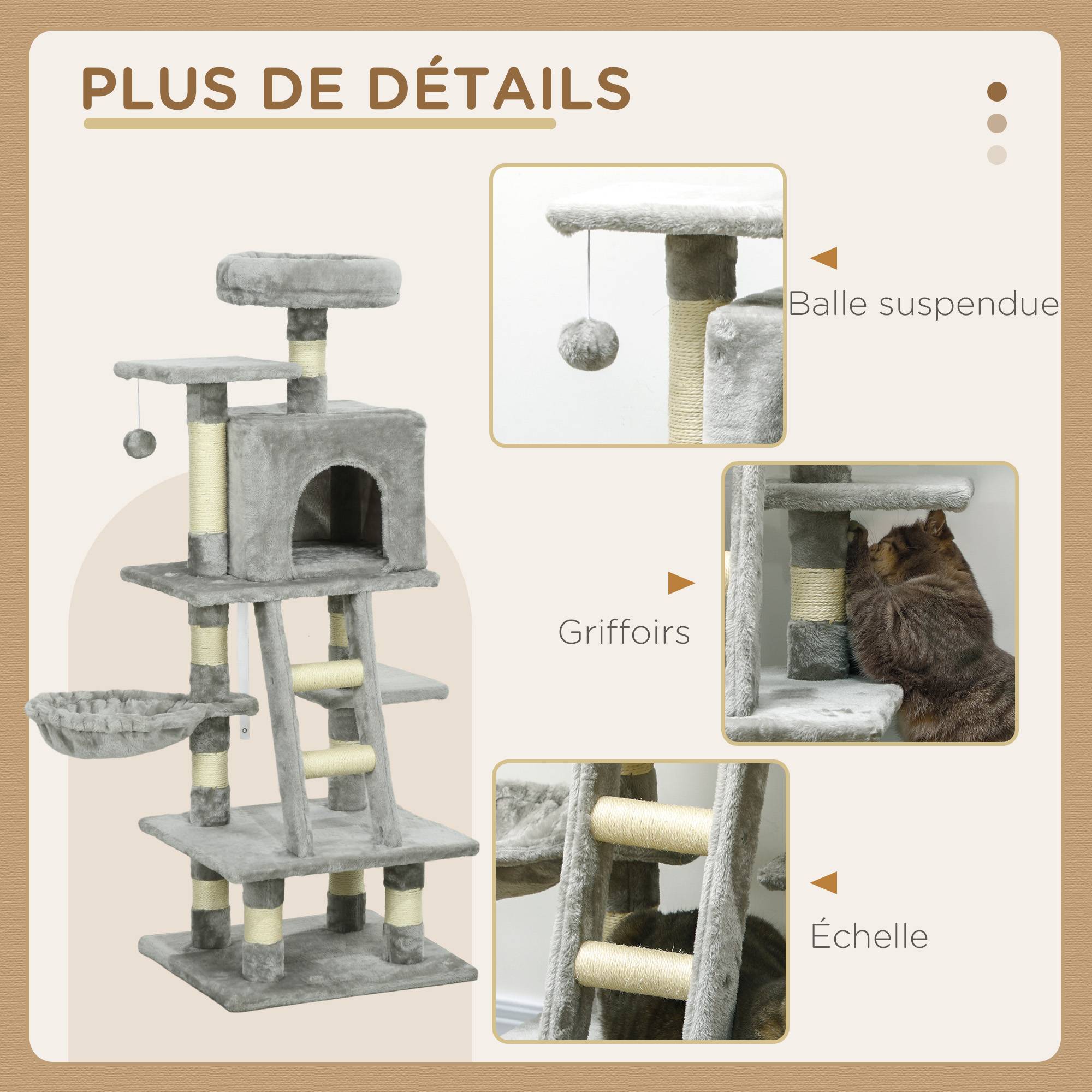 Pawhut - Arbre à chat multi-équipements griffoirs grattoirs niche plateformes + échelle + hamac + boule suspendue gris - Image 6