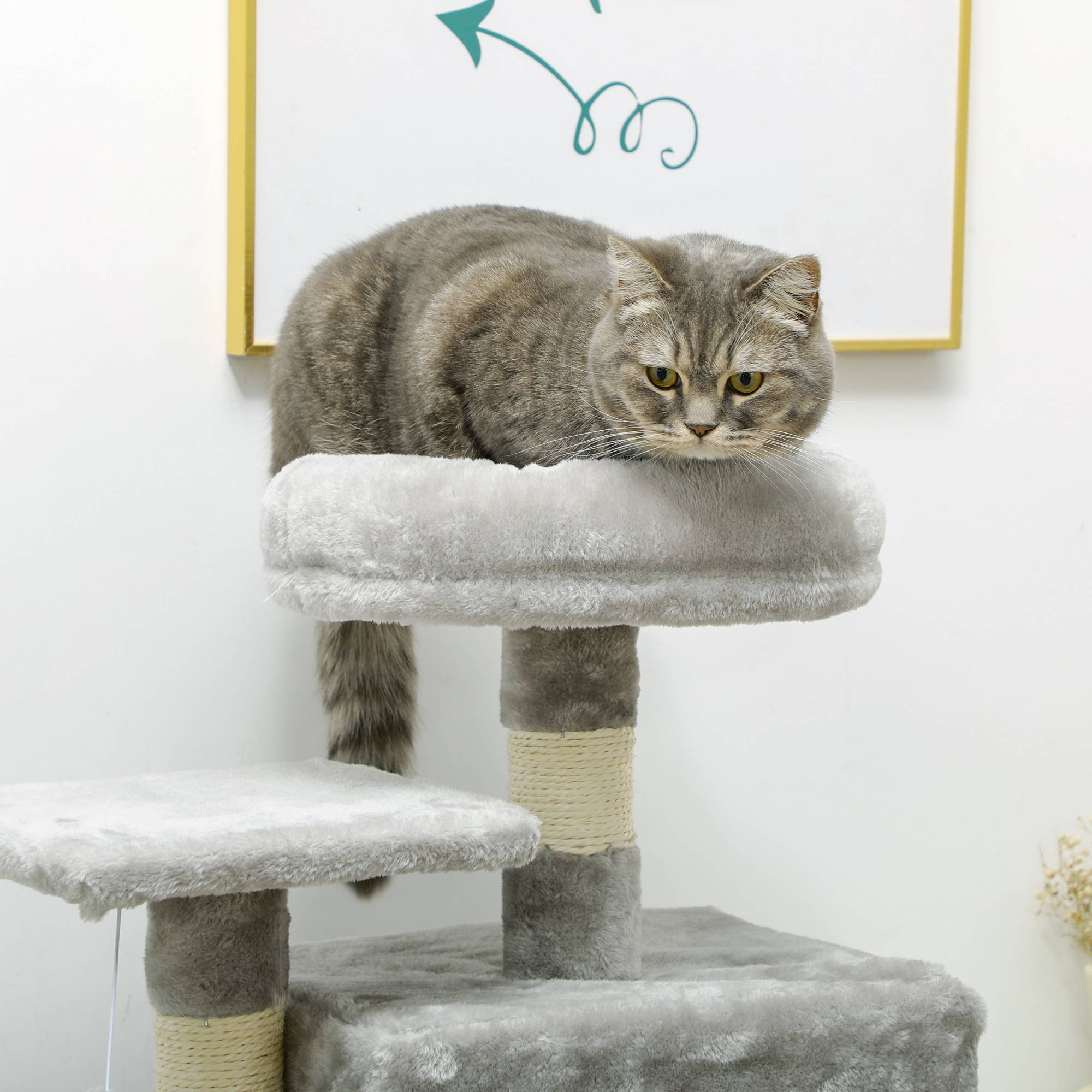 Pawhut - Arbre à chat multi-équipements griffoirs grattoirs niche plateformes + échelle + hamac + boule suspendue gris - Image 8