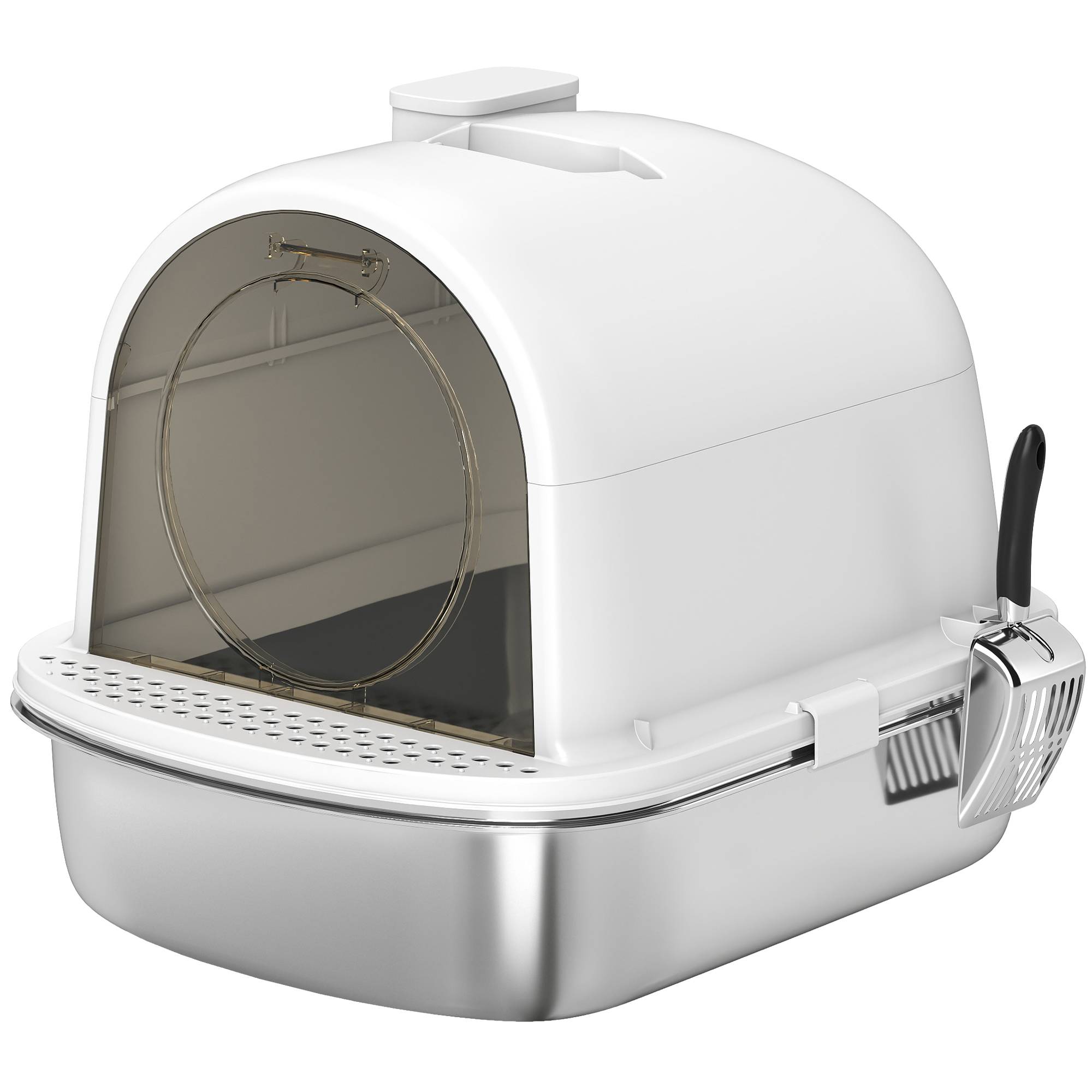Litière fermée L acier inox avec poignée, pelle, sachet désodorisant, anti-fuite, blanc - Image 8