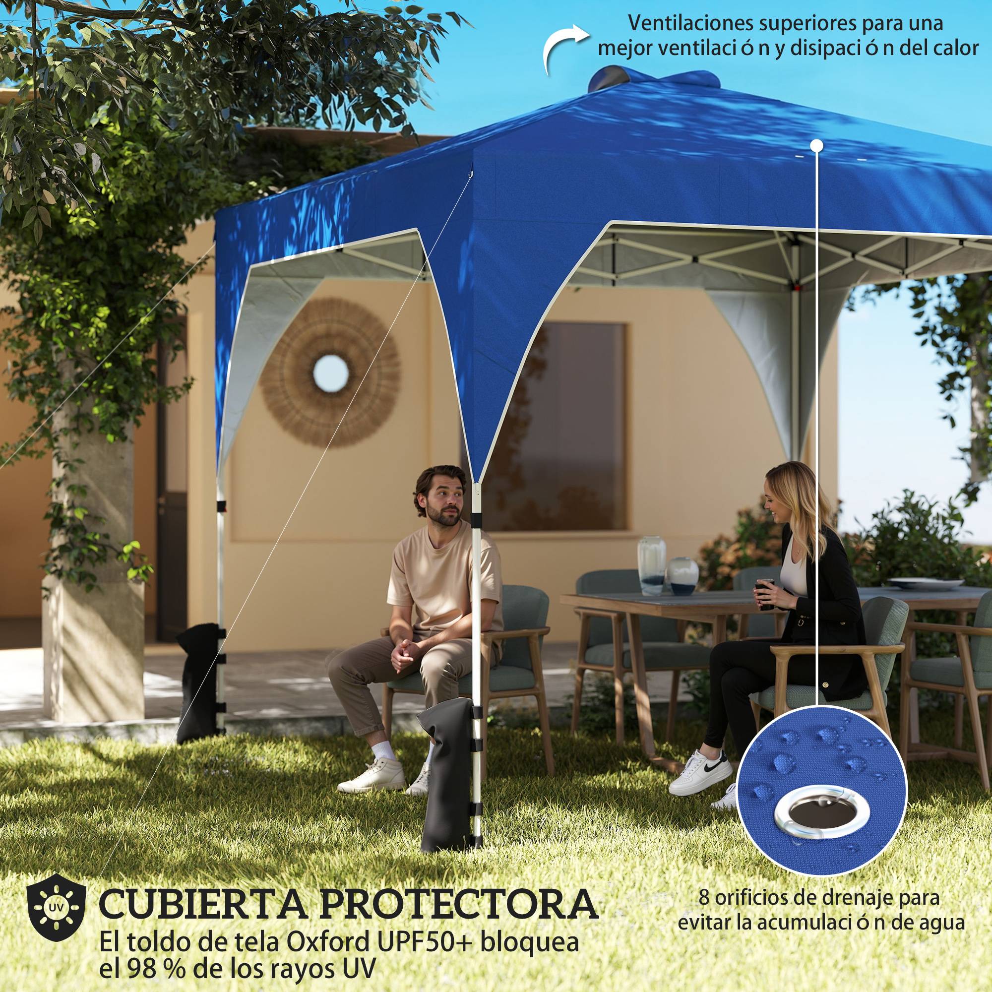 Tente pliante 3x3m avec système de verrouillage centralisé, hauteur réglable, sac de transport à roulettes et sacs de lestage, bleue - Image 6