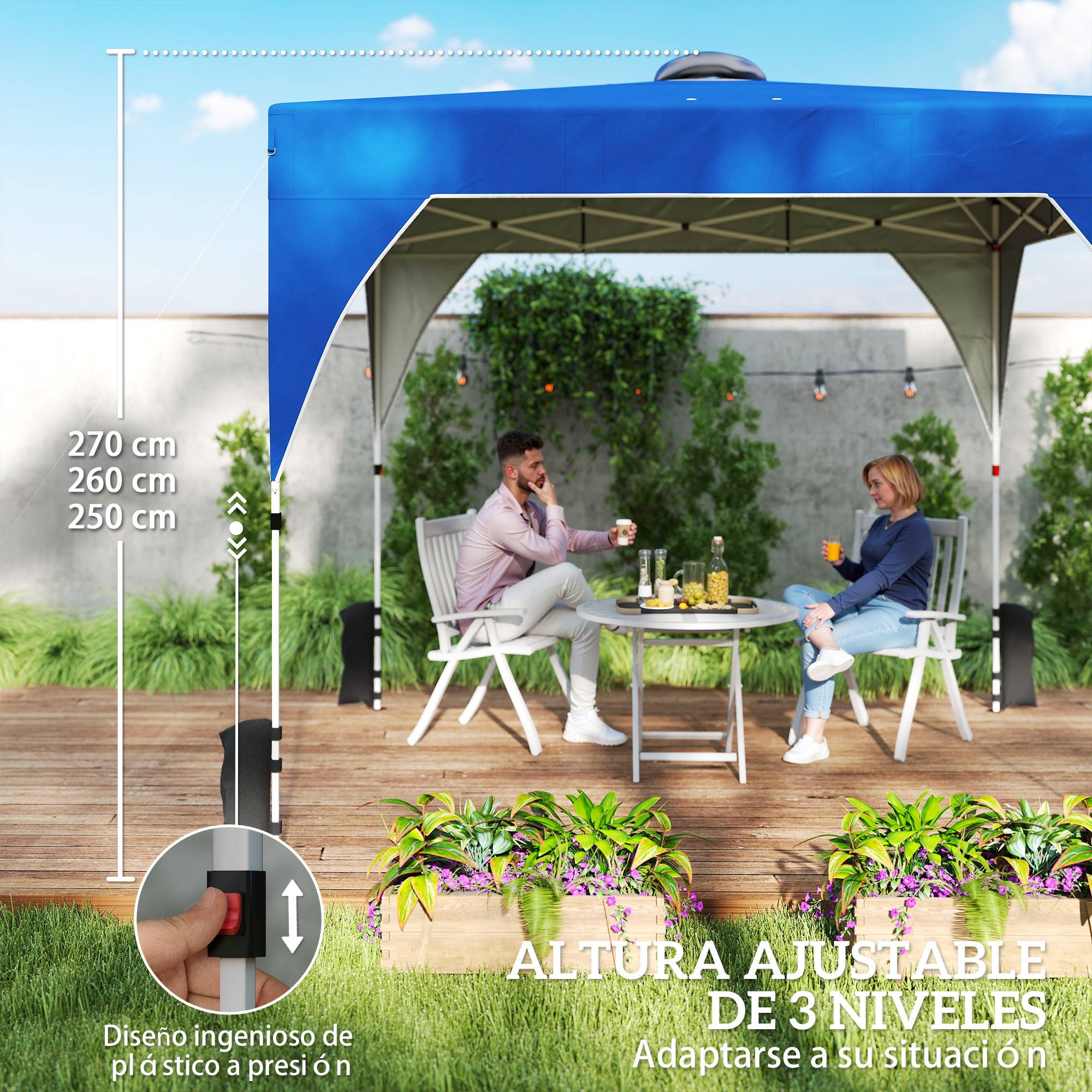 Tente pliante 3x3m avec système de verrouillage centralisé, hauteur réglable, sac de transport à roulettes et sacs de lestage, bleue - Image 9