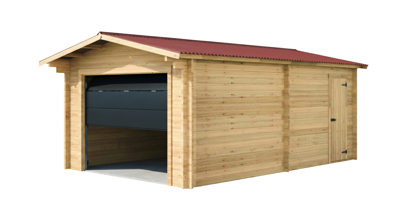 Habrita - Garage madriers - 42 mm - Surface 24,23 m2 - Feutre bitumé couleur foncé- Porte de garage sectionnelle motorisée - Image 2