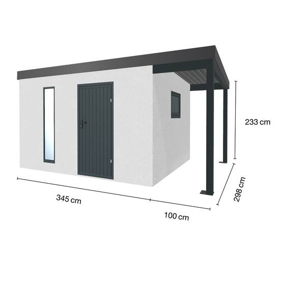 Abri de jardin en métal finition crépi 3450 x 2980 mm blanc avec auvent à droite 1000 x 2980 mm anthracite - Image 1