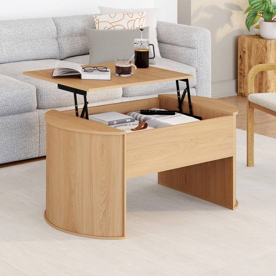IDMARKET - Table basse ovale plateau relevable DIVIA 100 cm bois façon hêtre design arrondi - Image 1