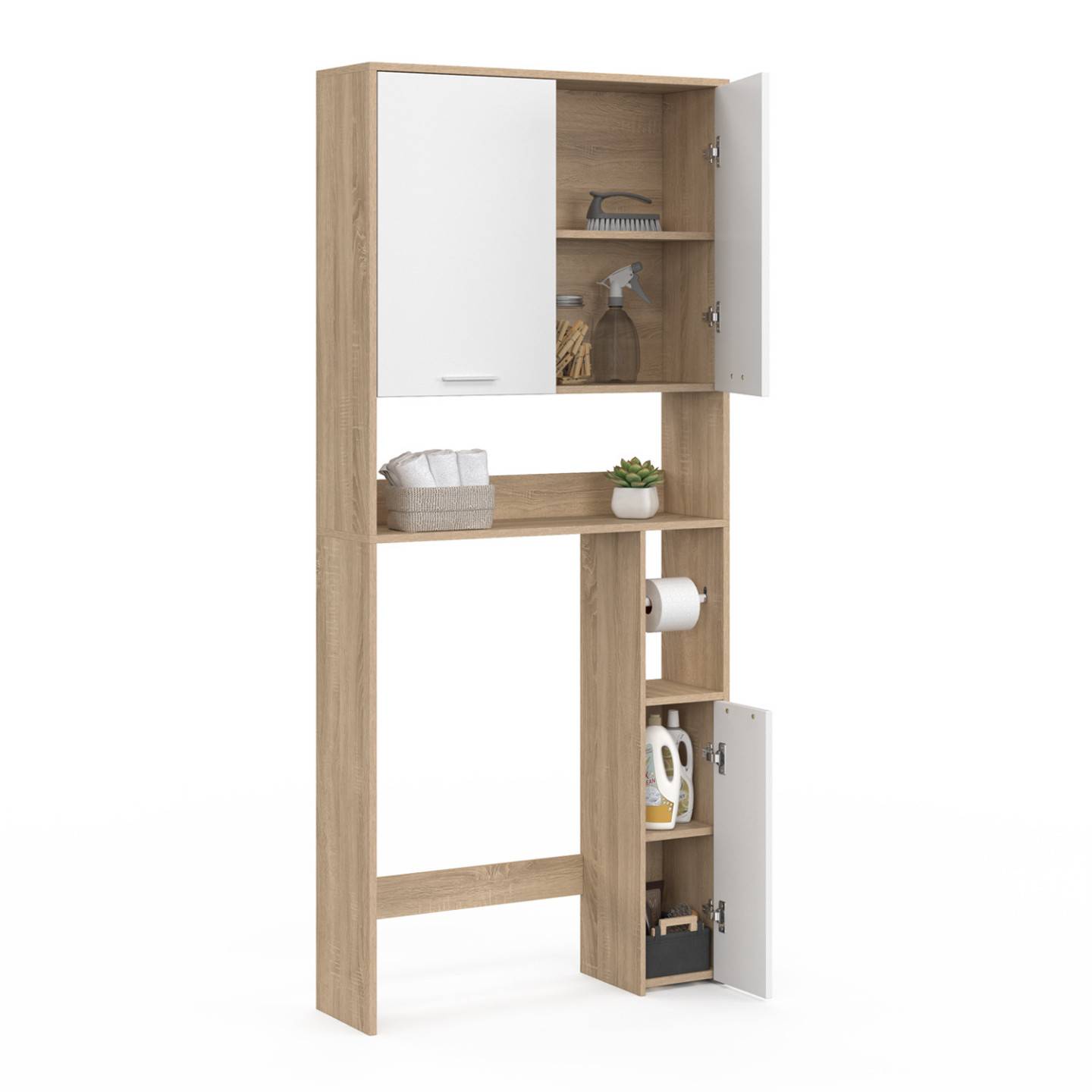 Meuble étagère dessus WC WALLIS bois façon hêtre et blanc - Image 4