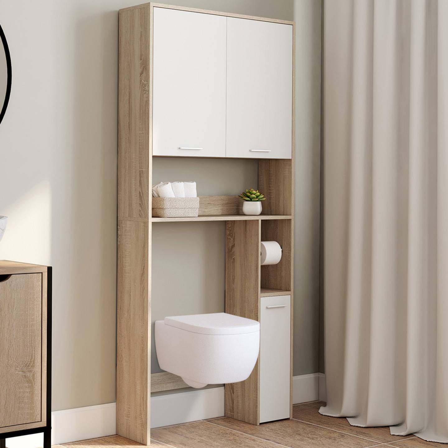 Meuble étagère dessus WC WALLIS bois façon hêtre et blanc - Image 1