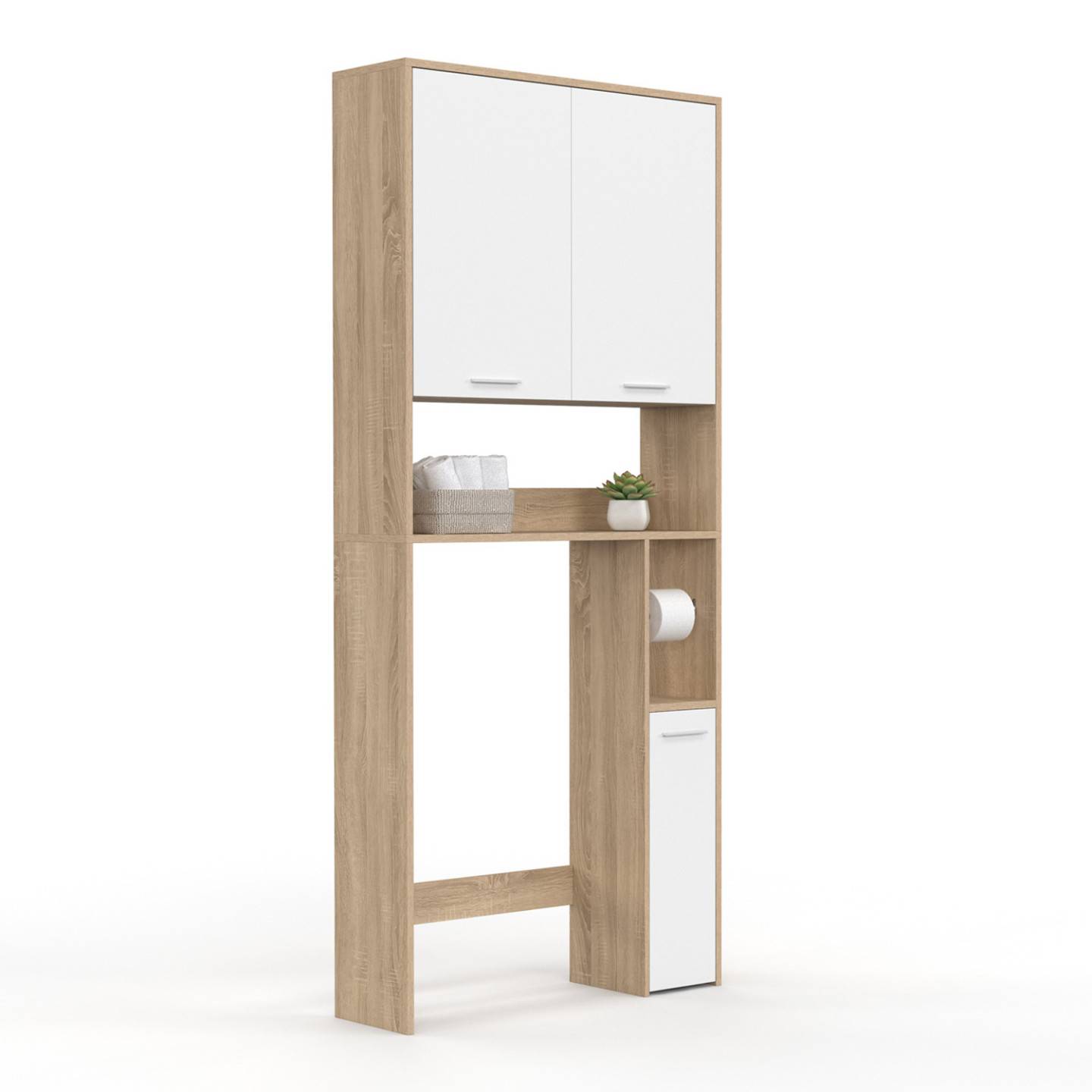 Meuble étagère dessus WC WALLIS bois façon hêtre et blanc - Image 2