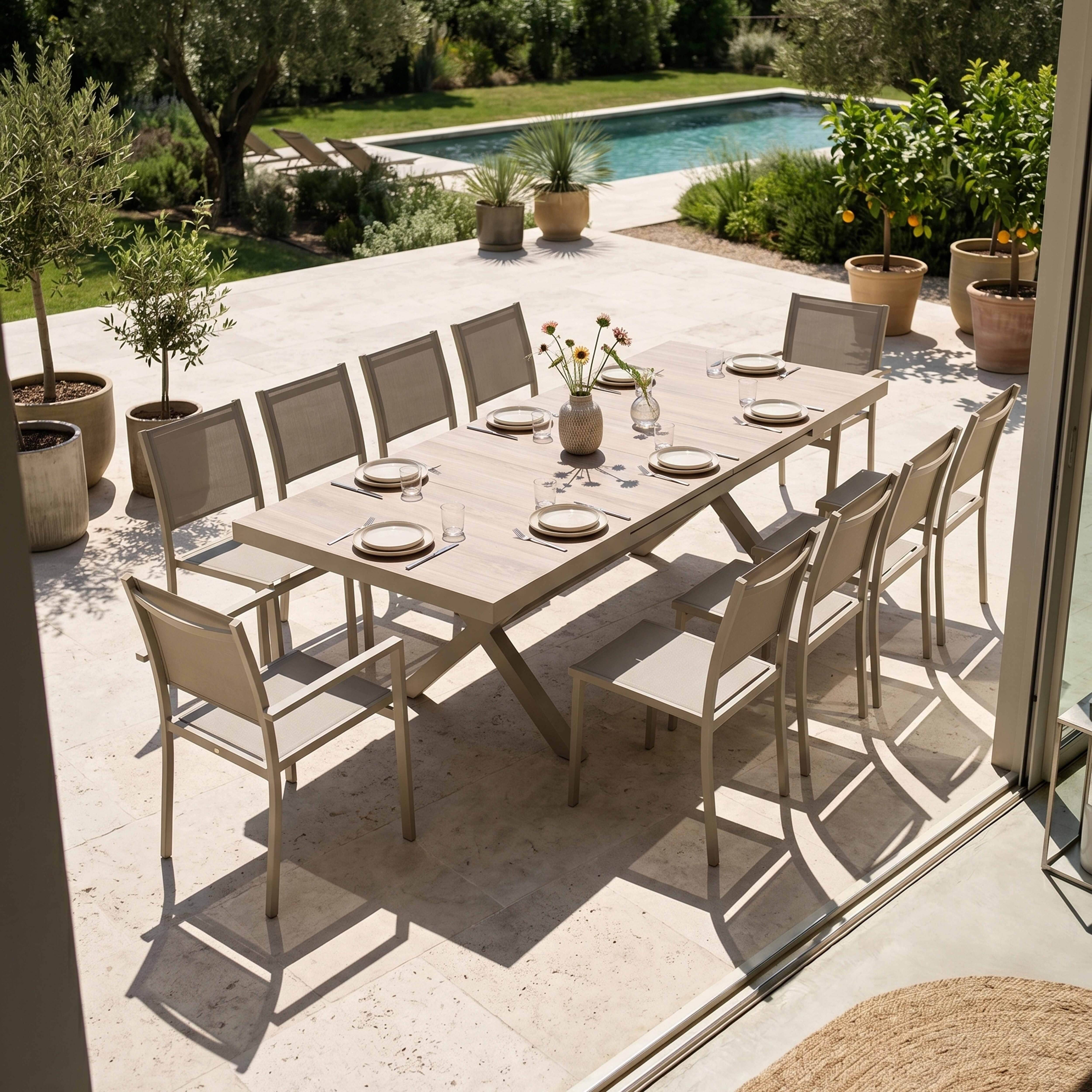 Oviala - Table de jardin extensible en aluminium et céramique 10 places crème Tivoli - Oviala - Image 3