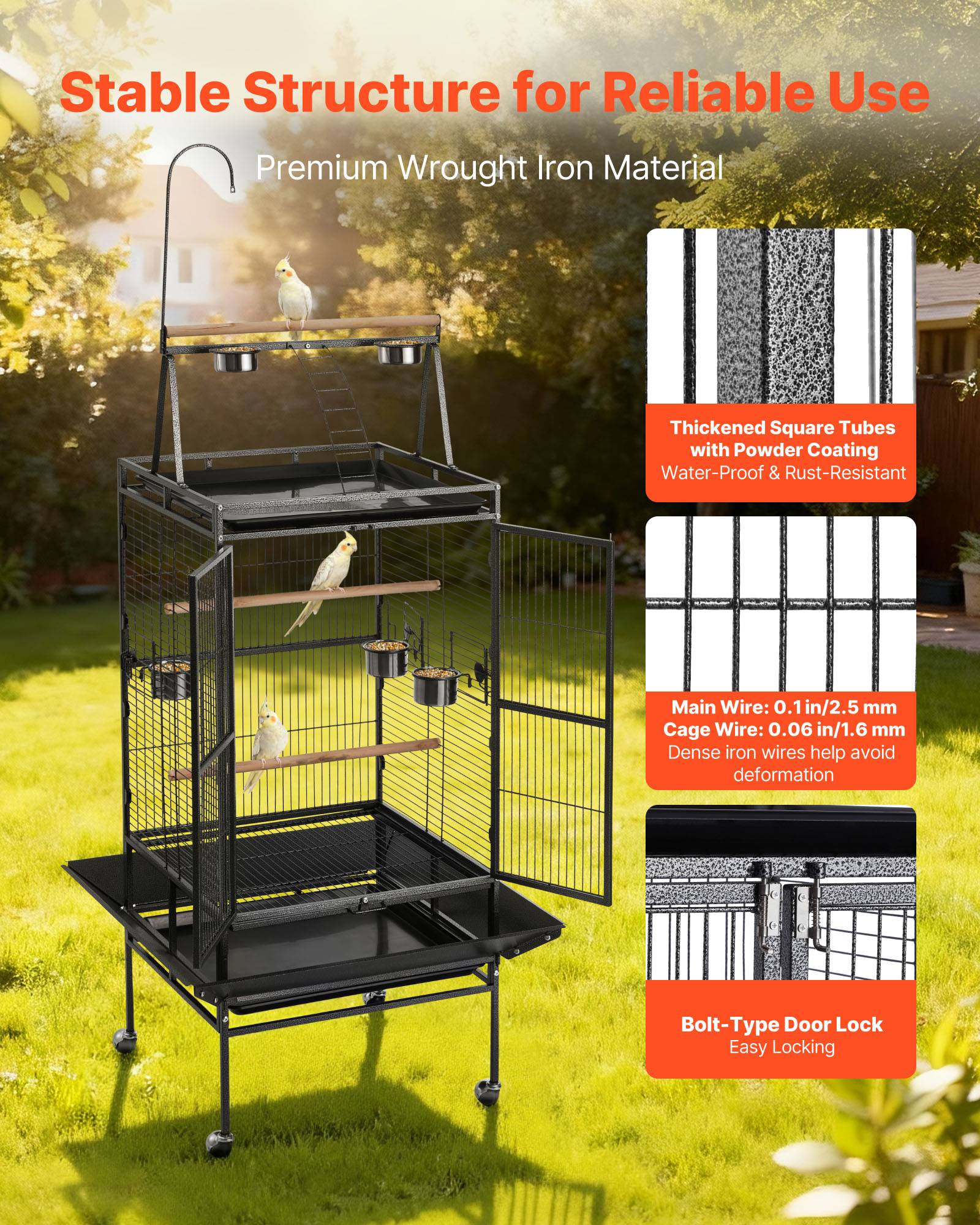 Vevor - VEVOR Cage Oiseau Volière Oiseaux sur Pied Roues 83x79x210 cm Toit Plat Ouvert - Image 3