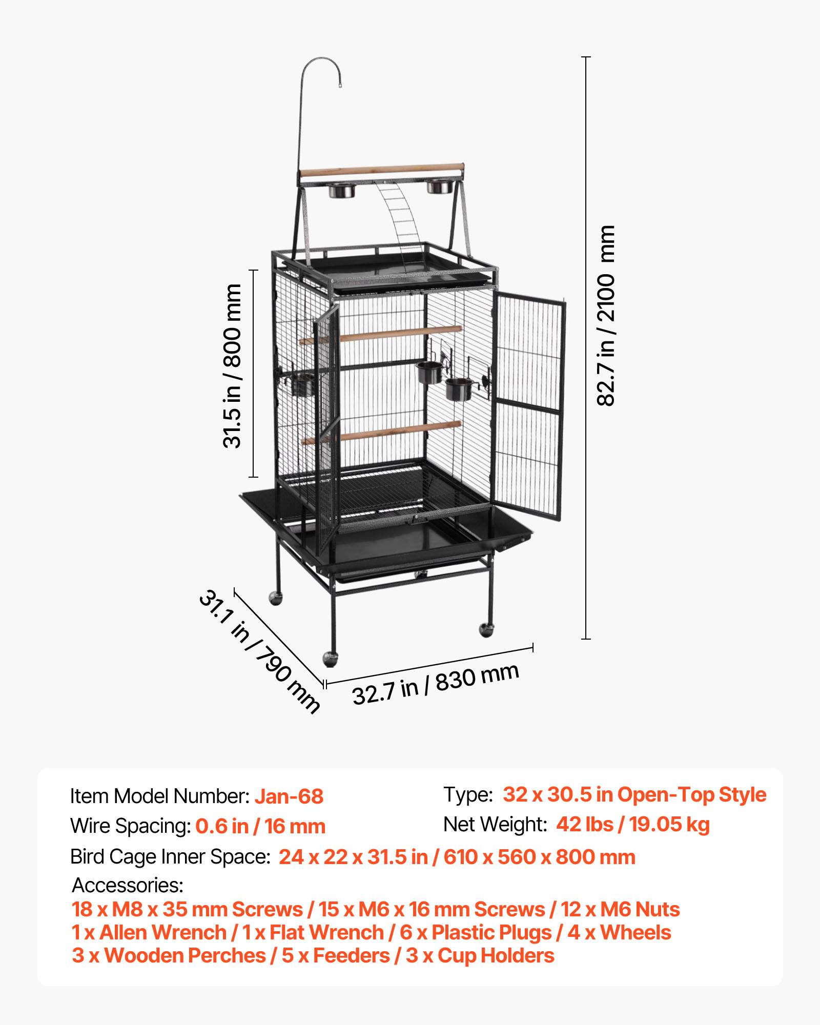 Vevor - VEVOR Cage Oiseau Volière Oiseaux sur Pied Roues 83x79x210 cm Toit Plat Ouvert - Image 7