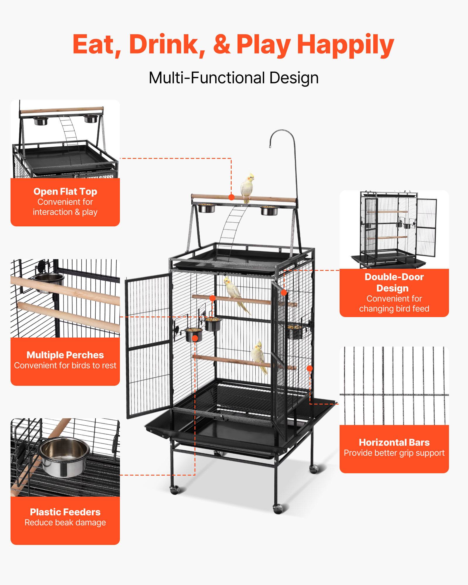 Vevor - VEVOR Cage Oiseau Volière Oiseaux sur Pied Roues 83x79x210 cm Toit Plat Ouvert - Image 4