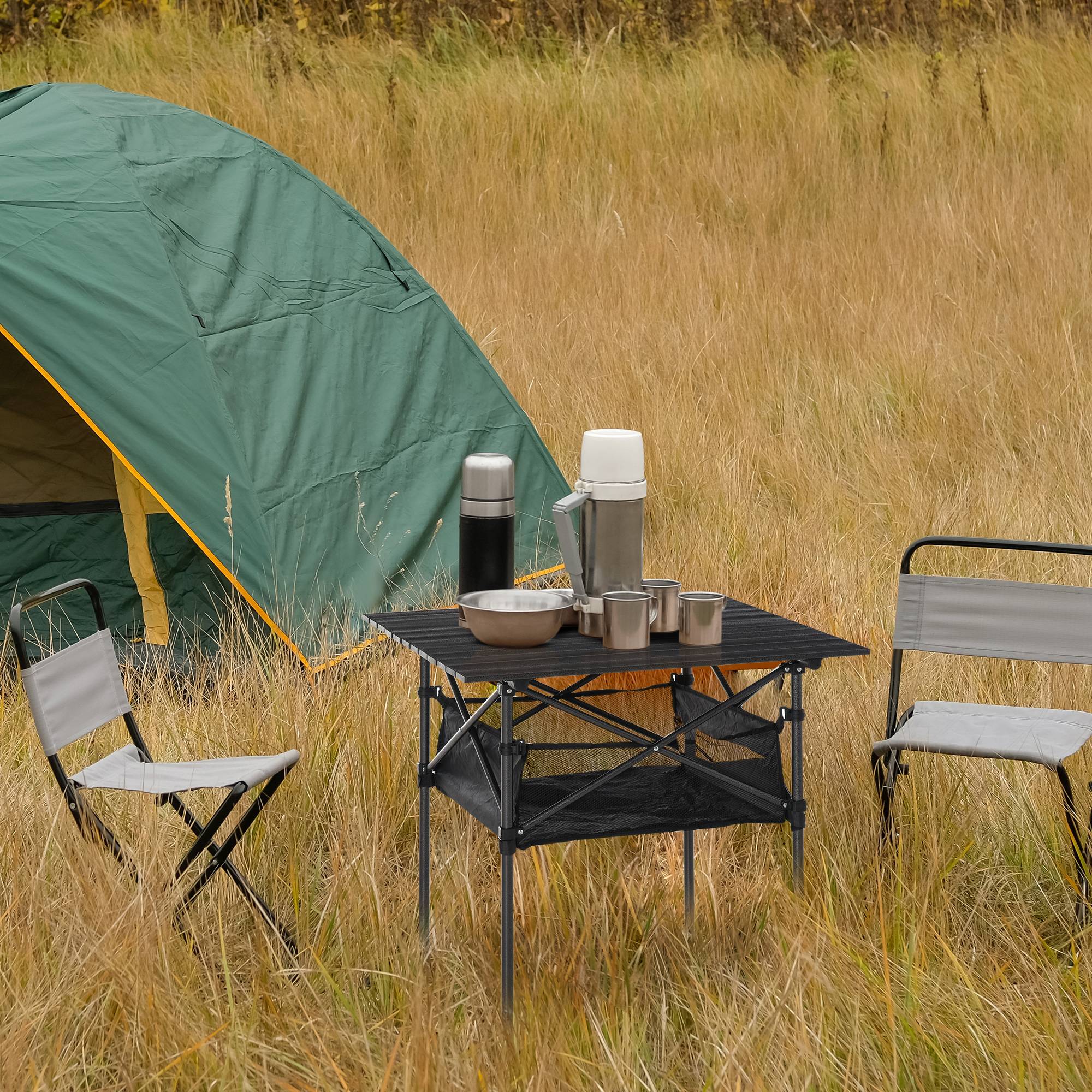Sans Marque - Table camping alu pliable, avec poche filet, pique-nique, jardin, party, balcon, noir, 70x70x69cm - Image 4