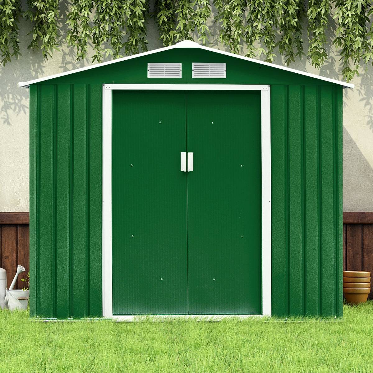 Helloshop26 - Abri de jardin en métal cabane de rangement à outils porte double coulissantes 213 x 127 x 185 cm vert et blanc - Image 1