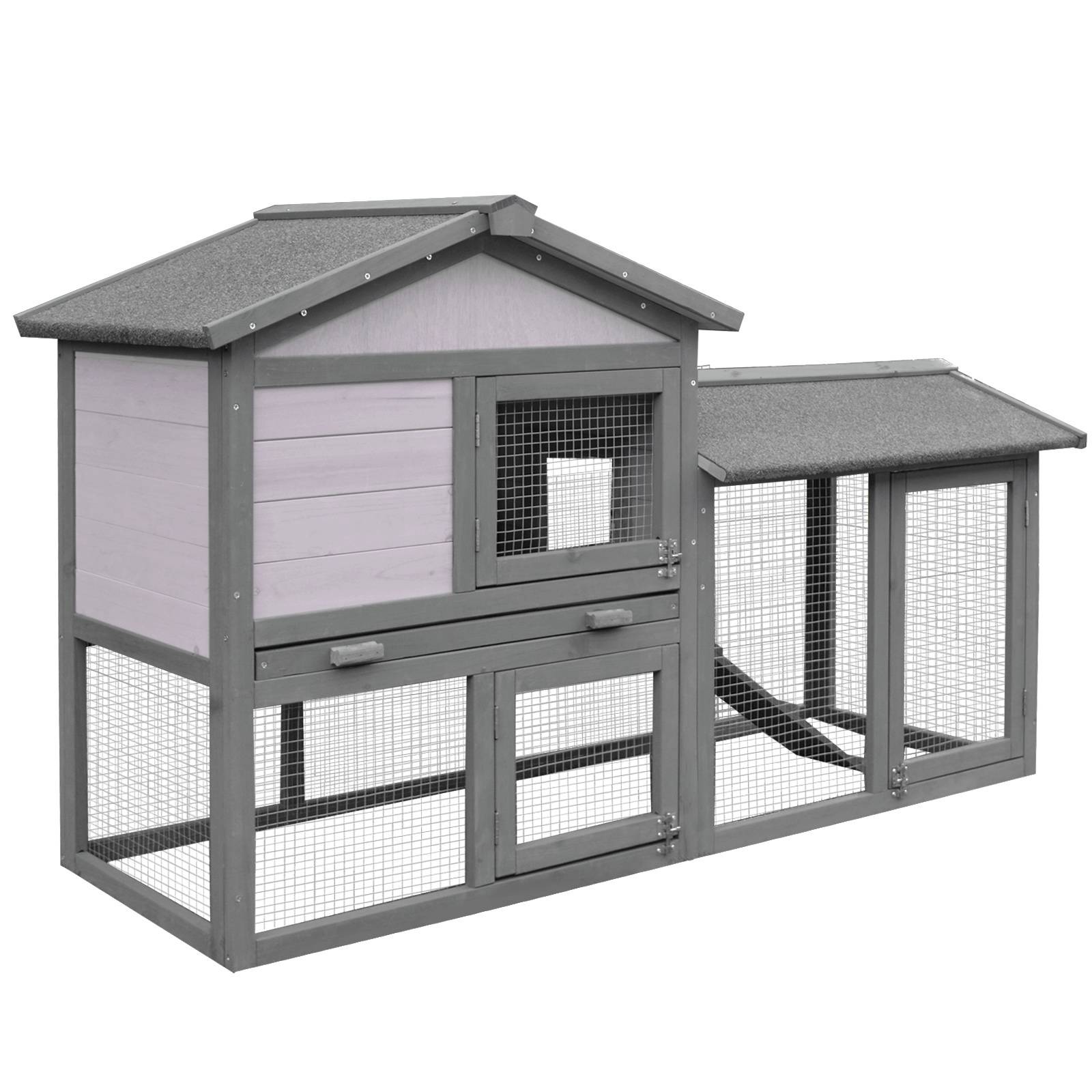 Clapier d'extérieur en bois avec maison, espace ouvert et fermé et toit 147x54x84cm - Image 1