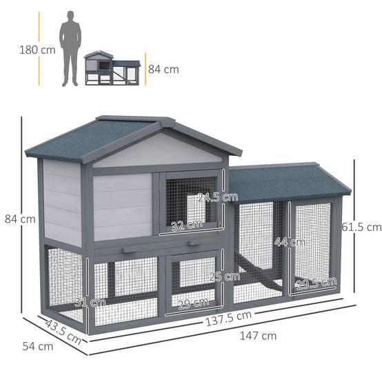 Clapier d'extérieur en bois avec maison, espace ouvert et fermé et toit 147x54x84cm - Image 5