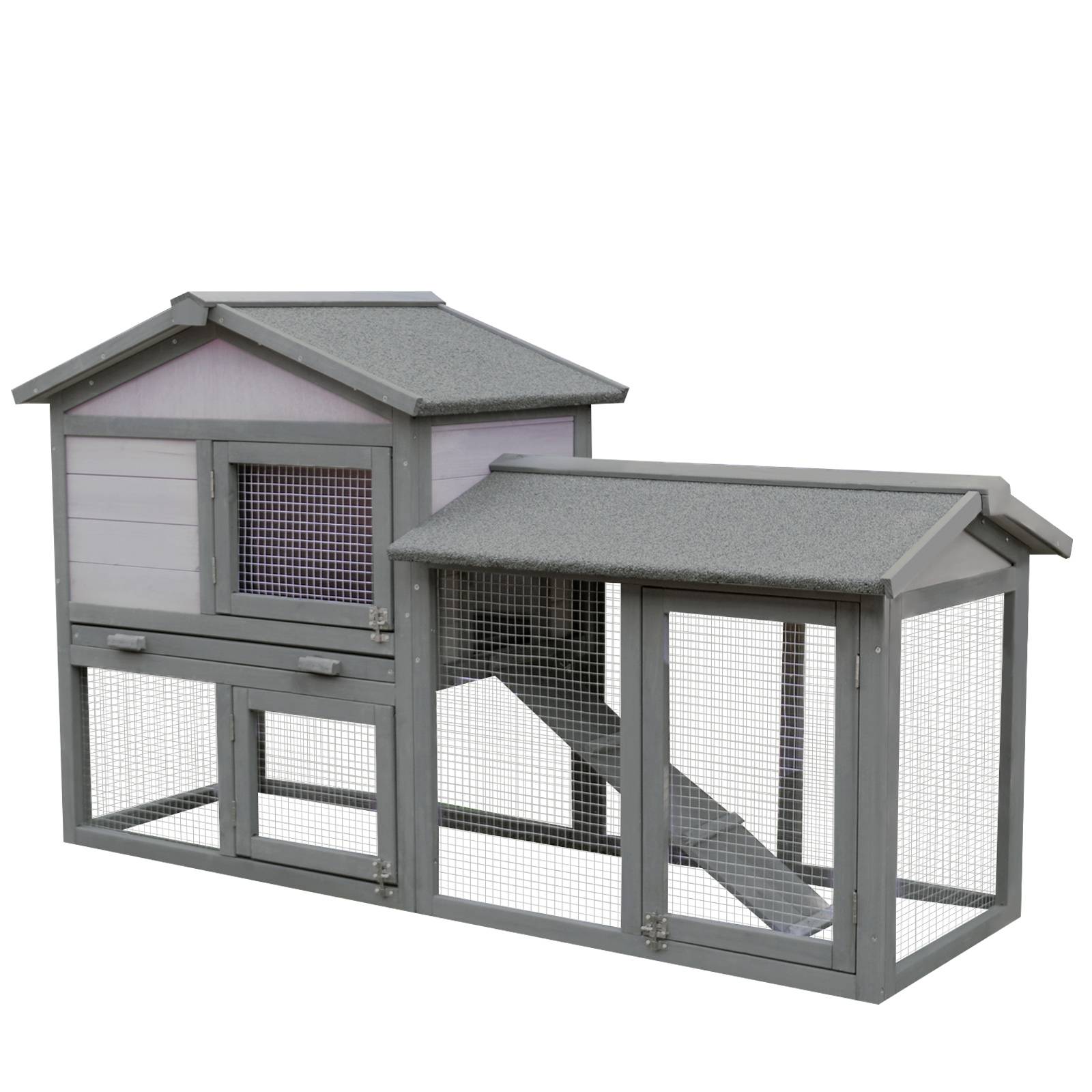 Clapier d'extérieur en bois avec maison, espace ouvert et fermé et toit 147x54x84cm - Image 2