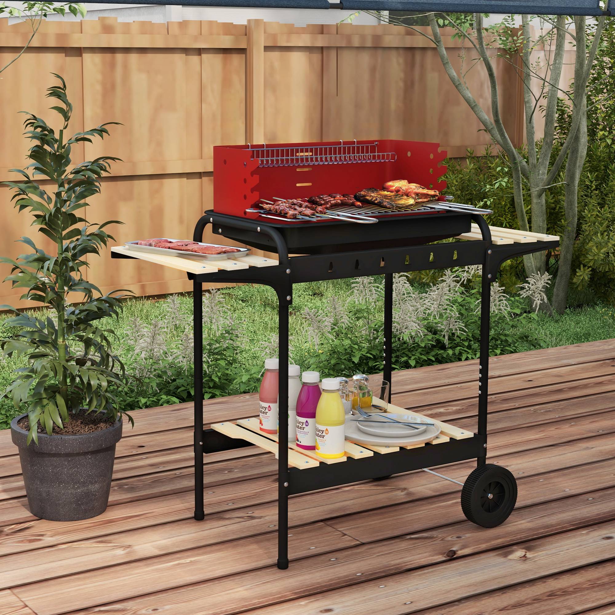 Sans Marque - Barbecue fumoir à charbon de bois en métal avec roulettes, grille réglable en hauteur, étagère en bois, 103 x 47 x 95 cm, rouge - Image 3