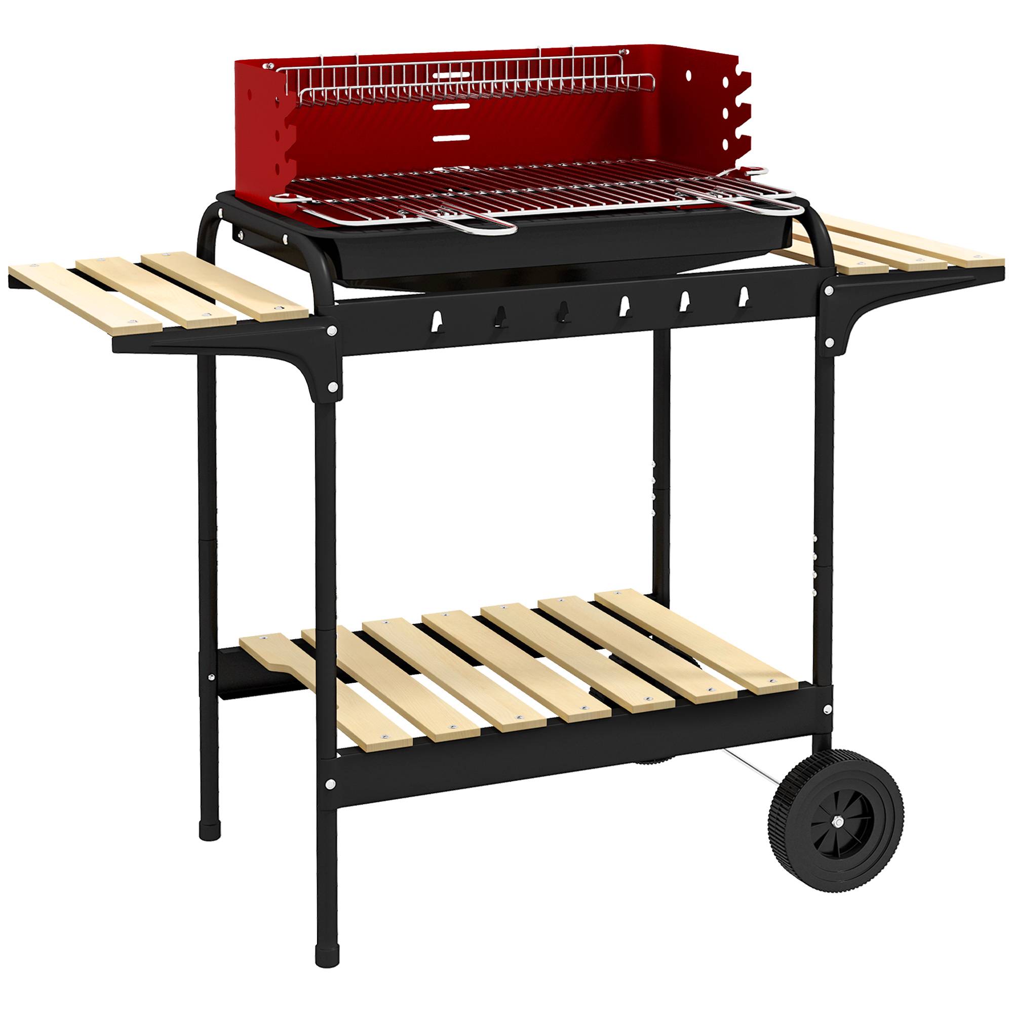 Sans Marque - Barbecue fumoir à charbon de bois en métal avec roulettes, grille réglable en hauteur, étagère en bois, 103 x 47 x 95 cm, rouge
